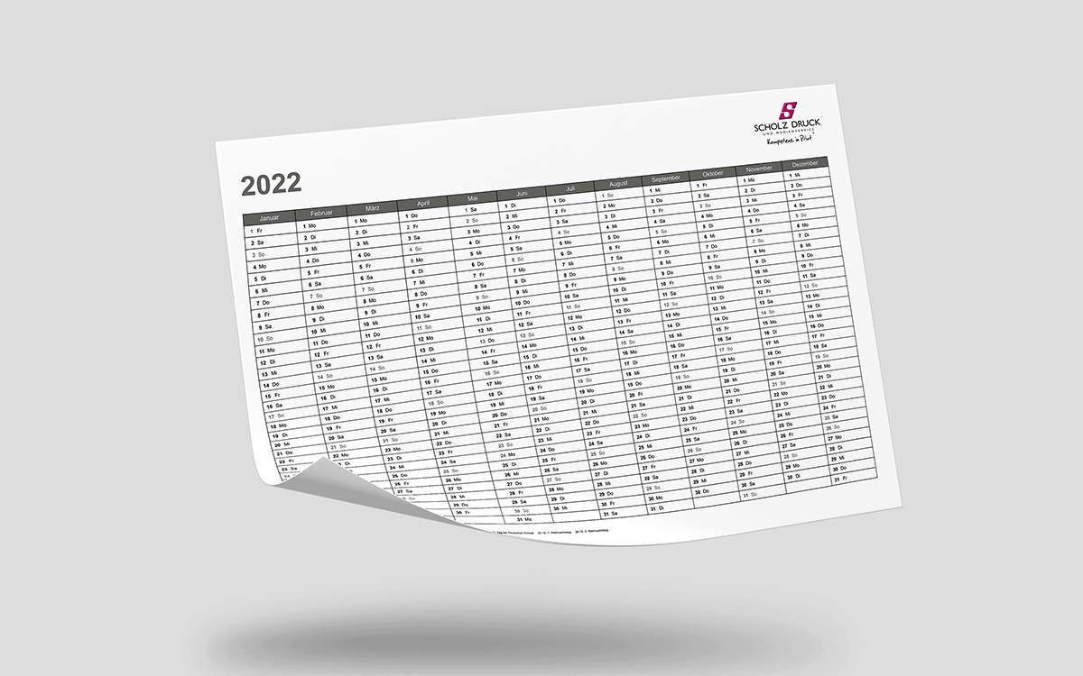 Jahreskalender bedruckt auf grauem Grund mit Scholz-Druck Logo