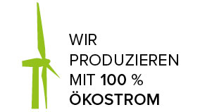 Windrad und "Wir produzieren mit 100 % Ökostrom - Druckerei Dortmund, Nachhaltigkeit