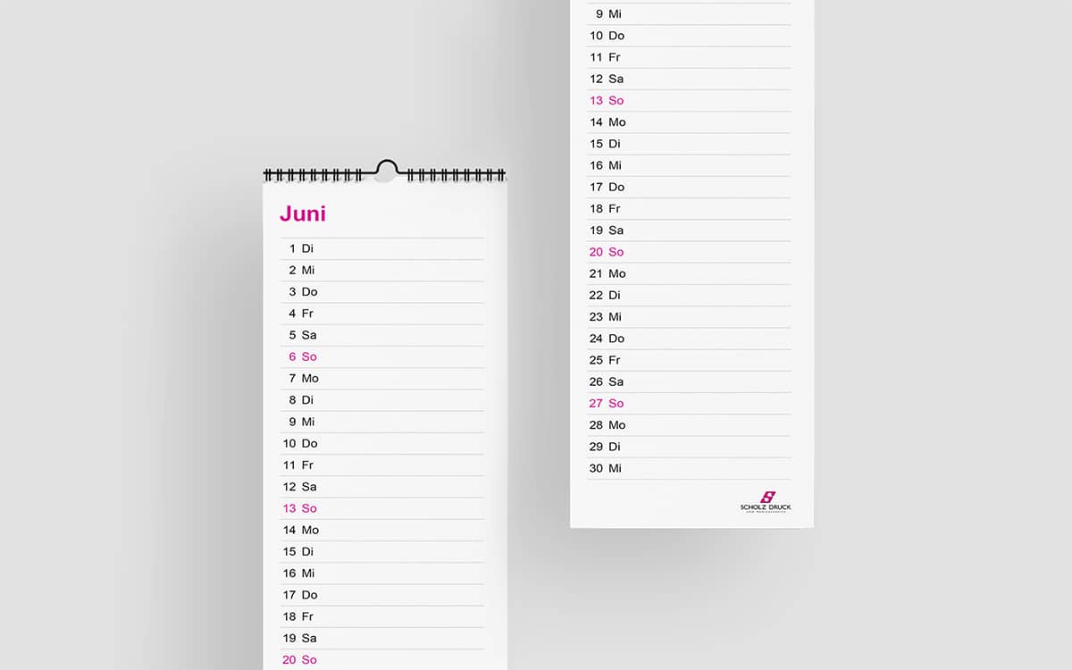 Streifenkalender mit Spiralbindung oben in schwarz, Wochentage farbig