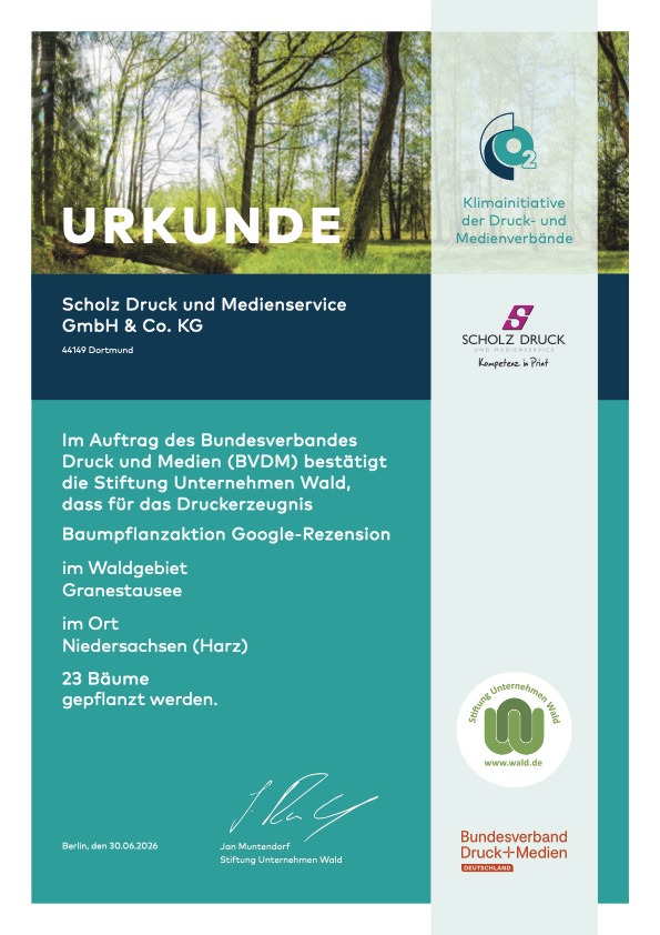 Baumpflanzungszertifikat von Scholz Druck für 23 Bäume der Klimainitiative Print